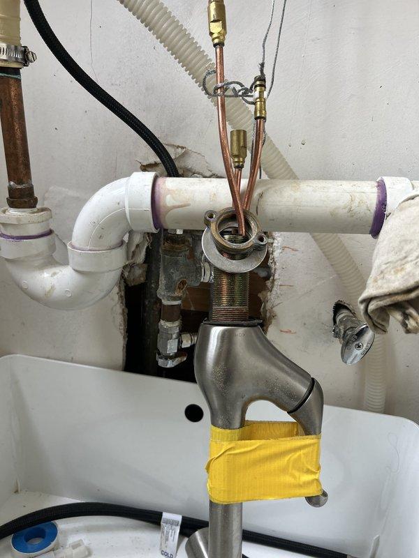 Installed hot and cold water shut-off valves in bathroom and replaced broken hot water shut-off valve in kitchen. Upgraded plumbing fixtures with chrome angle stops and flexible supply line connections to provide reliable water control at fixtures. All installations completed with proper threading, compression fittings, and tested for leaks to ensure proper operation.
