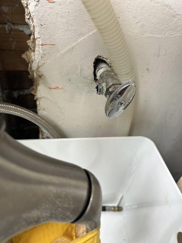 Installed hot and cold water shut-off valves in bathroom and replaced broken hot water shut-off valve in kitchen. Upgraded plumbing fixtures with chrome angle stops and flexible supply line connections to provide reliable water control at fixtures. All installations completed with proper threading, compression fittings, and tested for leaks to ensure proper operation.