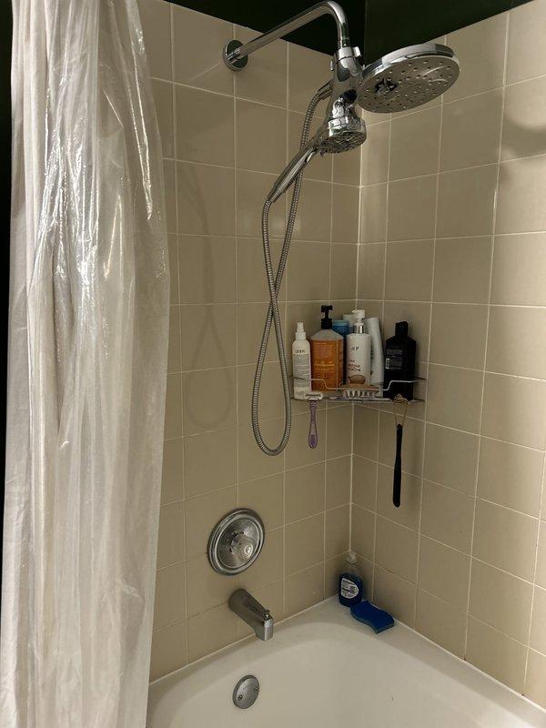 Responded to service call for bathtub faucet with constant dripping issue. Inspected chrome tub faucet and temperature control assembly mounted on tiled shower wall, diagnosed worn internal components causing water leak, and performed necessary repairs to restore proper function and eliminate dripping condition.