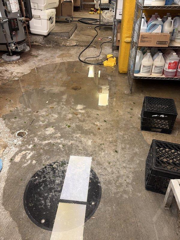 Responded to emergency early morning call for basement flooding. Upon arrival, found significant water accumulation on concrete floor with standing water throughout utility room area. Inspection revealed main floor drain obstruction caused by extensive buildup of fibrous debris and root intrusion within the drainage line.

Performed mechanical drain cleaning using sectional cable machine to clear blockage from main line. Removed accumulated fibrous material and root mass that had created complete obstruction in pipe system. Restored proper drainage flow through main floor drain. Verified water evacuation and confirmed system functionality upon completion.