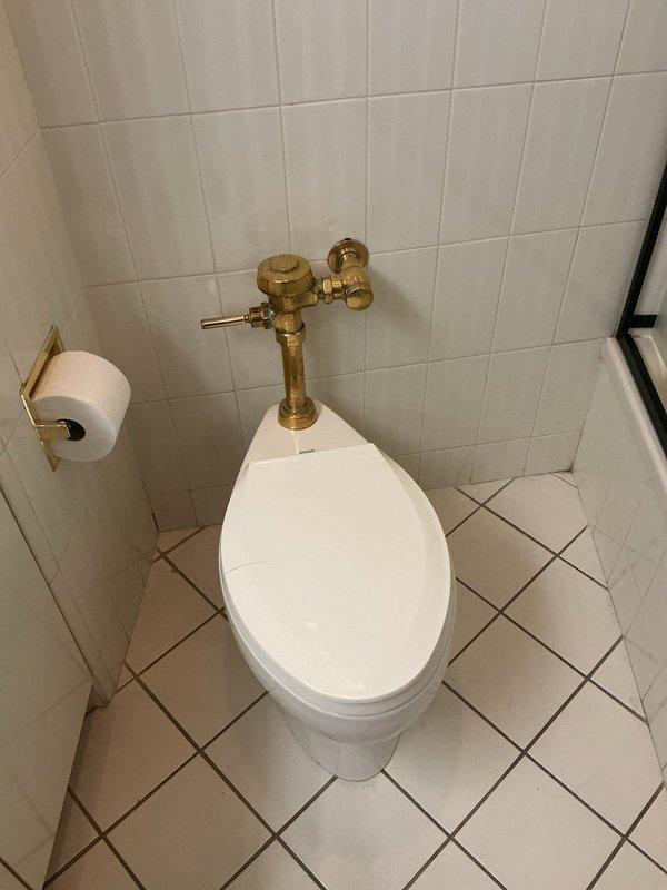 Coordinated water shut-off between 10:00 AM and 11:30 AM to service toilet with wall-mounted brass flush valve assembly. Inspected and serviced the manual lever flush valve mechanism, verified proper operation of the toilet fixture, and confirmed all plumbing connections were secure and leak-free upon restoration of water service.