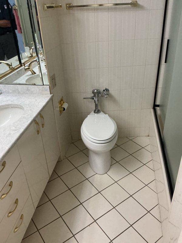Coordinated water shut-off between 10:00 AM and 11:30 AM to service toilet with wall-mounted brass flush valve assembly. Inspected and serviced the manual lever flush valve mechanism, verified proper operation of the toilet fixture, and confirmed all plumbing connections were secure and leak-free upon restoration of water service.