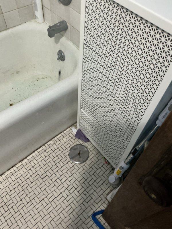 Responded to service call for brown water discharge from bathtub faucet and slow-draining bathroom sink. Upon arrival, inspected bathroom plumbing fixtures and identified discoloration issues in bathtub with visible staining on porcelain surface. Assessed drainage system for blockages affecting sink performance. Examined supply lines and fixture connections to determine source of water discoloration. Documented existing conditions including tile surrounds, chrome fixtures, and floor drain assembly. Performed diagnostic evaluation of plumbing system to address both water quality and drainage concerns in affected bathroom.
