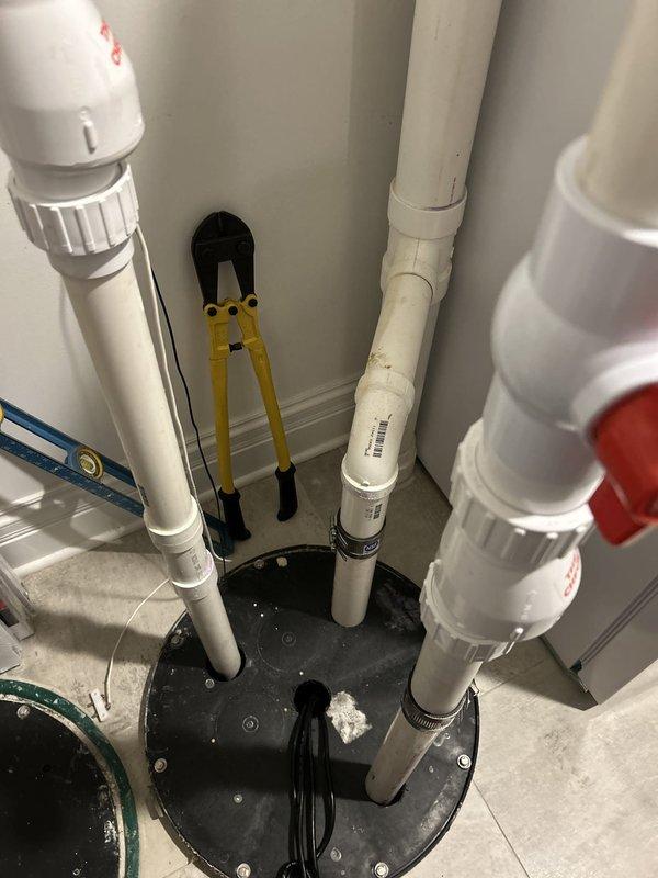 Replaced both failed pressure switches on dual Ion 35 ACI sump pump system after diagnosing switch malfunction. Temporarily installed Zoeller pump to maintain drainage during service, then uninstalled and reinstalled both Ion 35 ACI pumps with new pressure switches and all necessary materials. Additionally provided and installed expansion tank for Navion tankless water heater under lifetime workmanship warranty coverage.