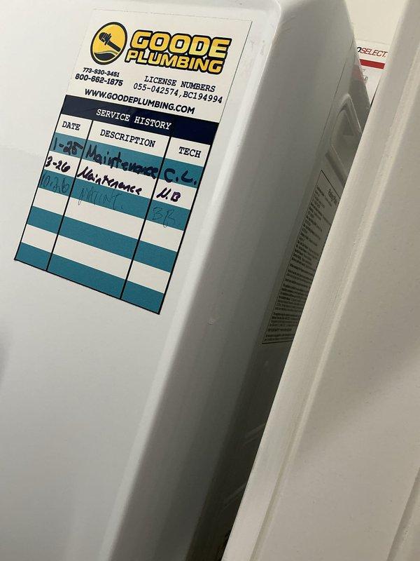 Performed routine maintenance and flush on tankless water heater per service agreement. System inspected and found operating properly with no leaks, unusual sounds, or visible damage. Updated service history sticker with maintenance record and verified all components functioning within normal parameters.