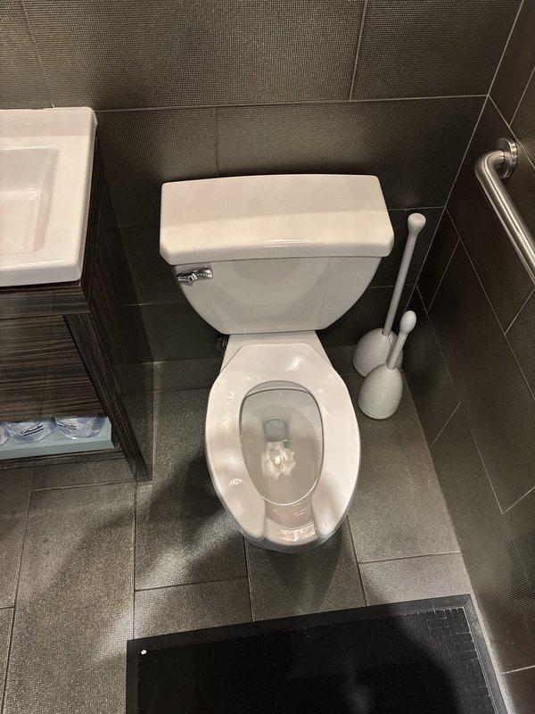 Responded to a warranty callback for an incomplete flush on a previously serviced toilet. Inspected the fixture and documented its condition, with tissue present in the bowl and the flush lever and tank assembly in place. Further diagnostics of the flush mechanism and drain line are recommended to restore full flushing performance.