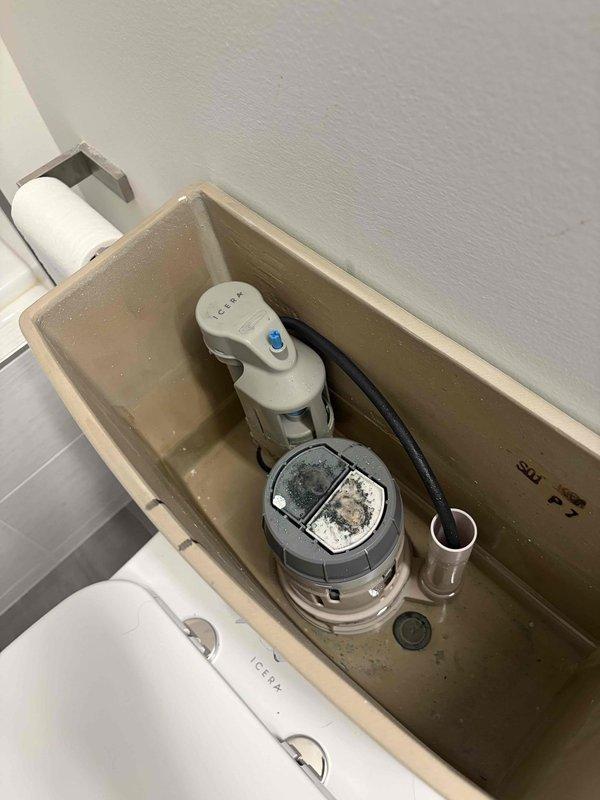 Inspected the toilet tank and found significant mineral deposits, grime buildup on the dual-flush valve buttons, and discoloration throughout the tank interior. The customer has a replacement tank on site but is awaiting delivery of internal components (fill valve and flush assembly), so installation was not completed; the customer will contact the office to reschedule once parts arrive, with a follow-up planned if not received.