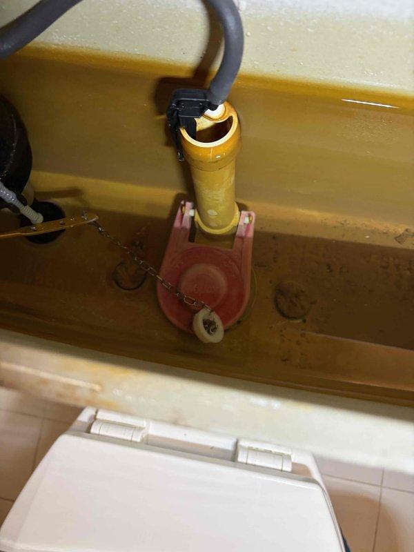 Inspected the toilet tank and found heavy mineral staining, sediment buildup, and discolored water, along with a worn flapper and aging fill valve assembly affecting flush performance. Completed the sold repair by servicing the tank components, including the flapper, flush lever chain, and fill valve, to restore proper sealing, water level, and flush operation.