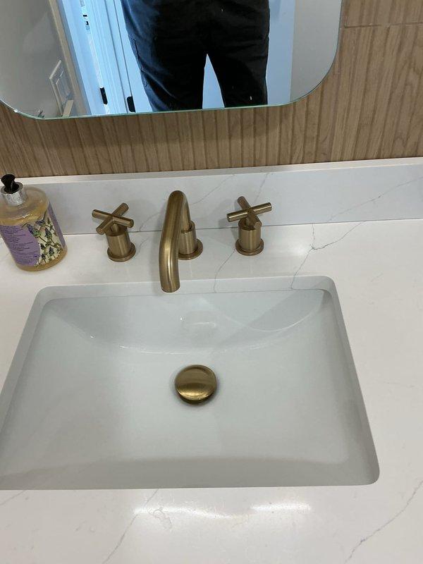Diagnosed the guest bathroom lavatory faucet with no cold water discharge and low hot water pressure, inspecting the widespread faucet, supply lines, and the wall-mounted electric water heating unit serving the fixture. Addressed the restricted flow at the faucet and supply connections to restore proper cold and hot water delivery, and verified normal operation and pressure at both handles with no leaks present.