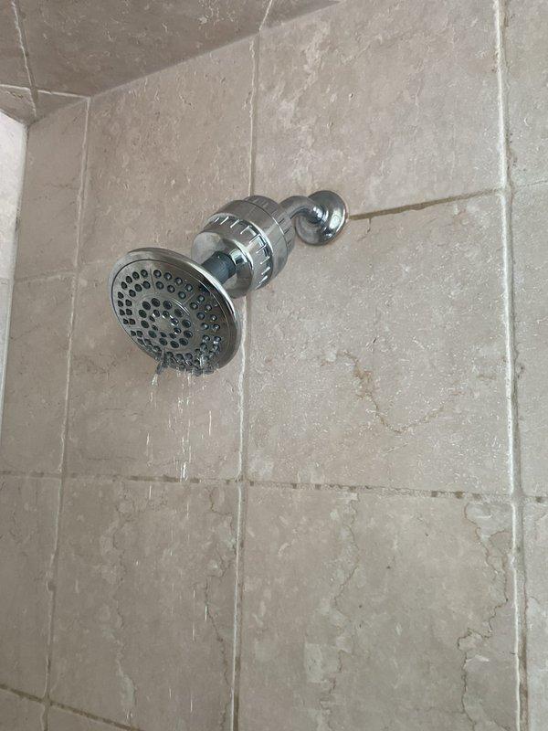 Inspected the reported shower leak and found water dripping from the chrome shower head at the arm connection, where an inline filter/adapter is installed between the shower arm and spray face. Evaluated the surrounding wall-mounted tile and the adjacent water heater closet, noting aging copper supply piping and flue components as part of the system assessment.
