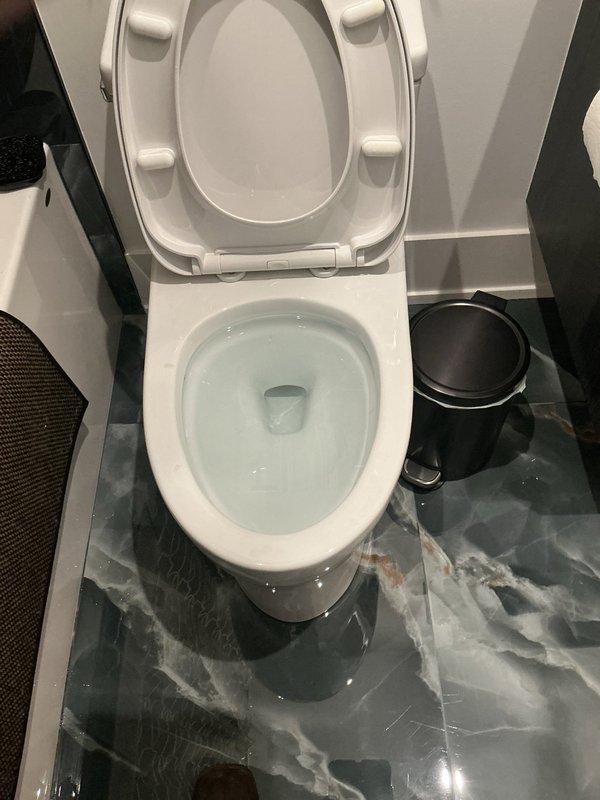 Responded to a reported commercial toilet backup and performed a visual inspection of the fixture and restroom. The toilet bowl water was at a normal level with no overflow or standing water on the floor, and the ceiling below showed no stains, cracks, or signs of water intrusion. No active blockage or leak damage was observed at the time of inspection; the estimate was prepared for further drain and sewer line evaluation and any recommended corrective work.