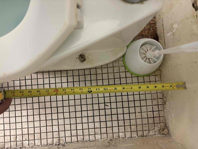 Performed an on-site assessment of the men's and women's restrooms to provide an estimate for fixture repairs and additional water closet installations. Inspected the existing out-of-service toilet and surrounding area, noting corroded wall-mounted fixture, deteriorated mosaic floor tile with exposed substrate, and degraded grout. Measured clearances between the toilet and adjacent wall to verify spacing for proposed fixture placement and documented existing conditions with photographs.