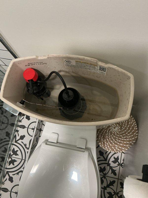 Diagnosed a non-flushing toilet by inspecting the internal tank components, including the flapper and flush valve assembly, lift chain, and fill valve. Identified heavy mineral buildup and sediment contamination within the tank affecting valve operation, and serviced the internal components to restore proper flush function.