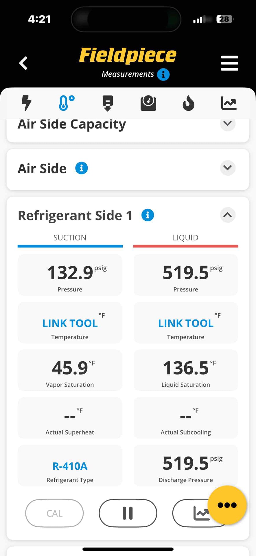 I conducted a thorough diagnostic evaluation of the air conditioning system. Verified the condenser fan motor wiring, electrical connections, and capacitor value, all of which were correct. The compressor startup and running amperage were within acceptable limits. Initial pressures were high and unstable, but stabilized at 110 psig suction and 414 psig discharge, with a 28°F temperature split. This suggests good cooling performance despite moderately dirty coils. The system likely has an incorrect refrigerant charge or non-condensable gases, requiring complete recovery, evacuation, and recharging to ensure long-term reliability.