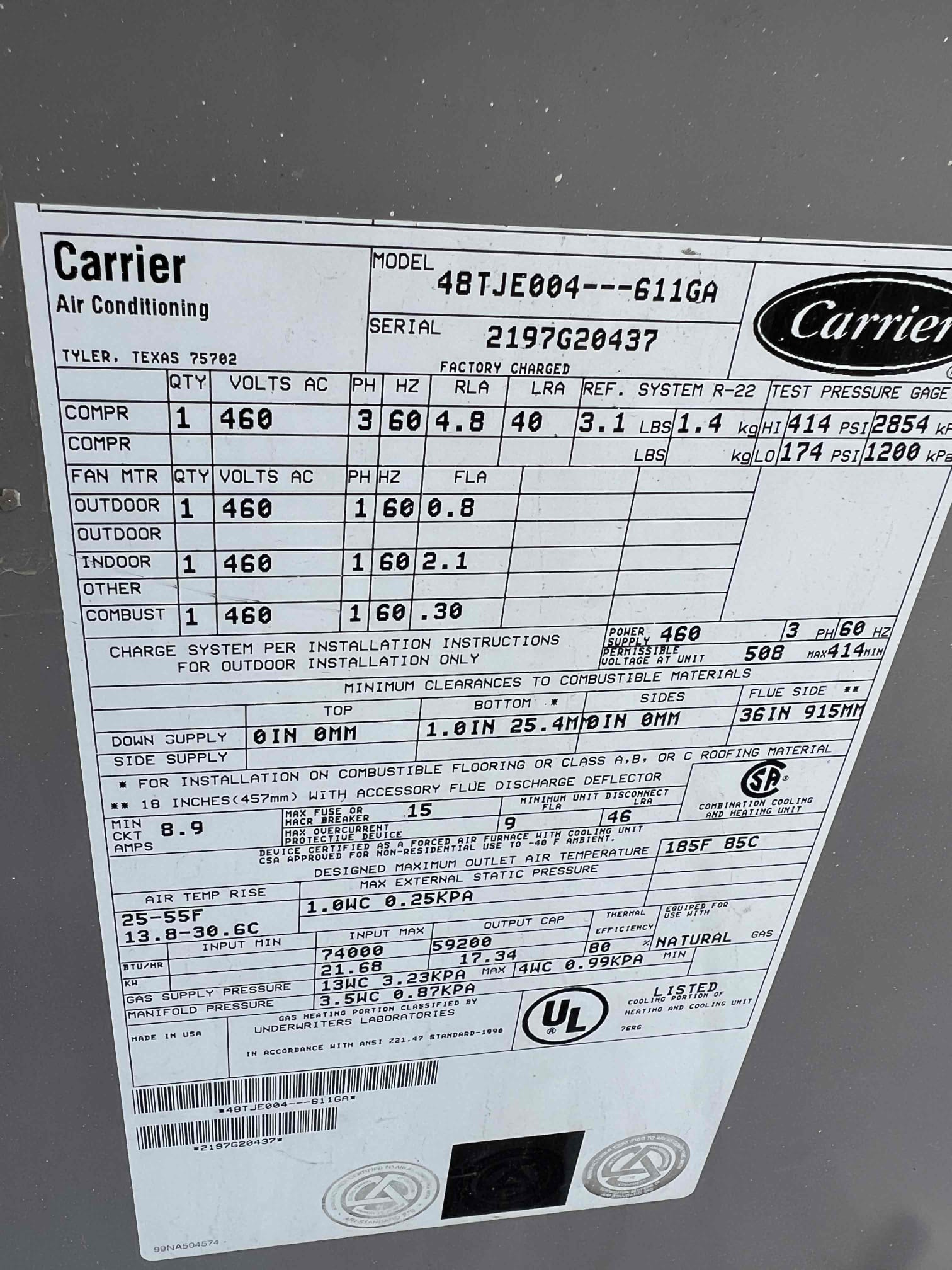 Upon arrival, I located the HVAC unit, a 1997 3-ton Carrier package unit. The power lockout on the CLO board was reset, successfully restarting the unit. However, the unit's condition is poor, being 29 years old and prone to further issues. The compressor emits a metallic noise, indicating internal part failure. The indoor blower motor also produces an unusual sound. The coils are in a deteriorated state. I will prepare an estimate and send it to the property owner on Monday.