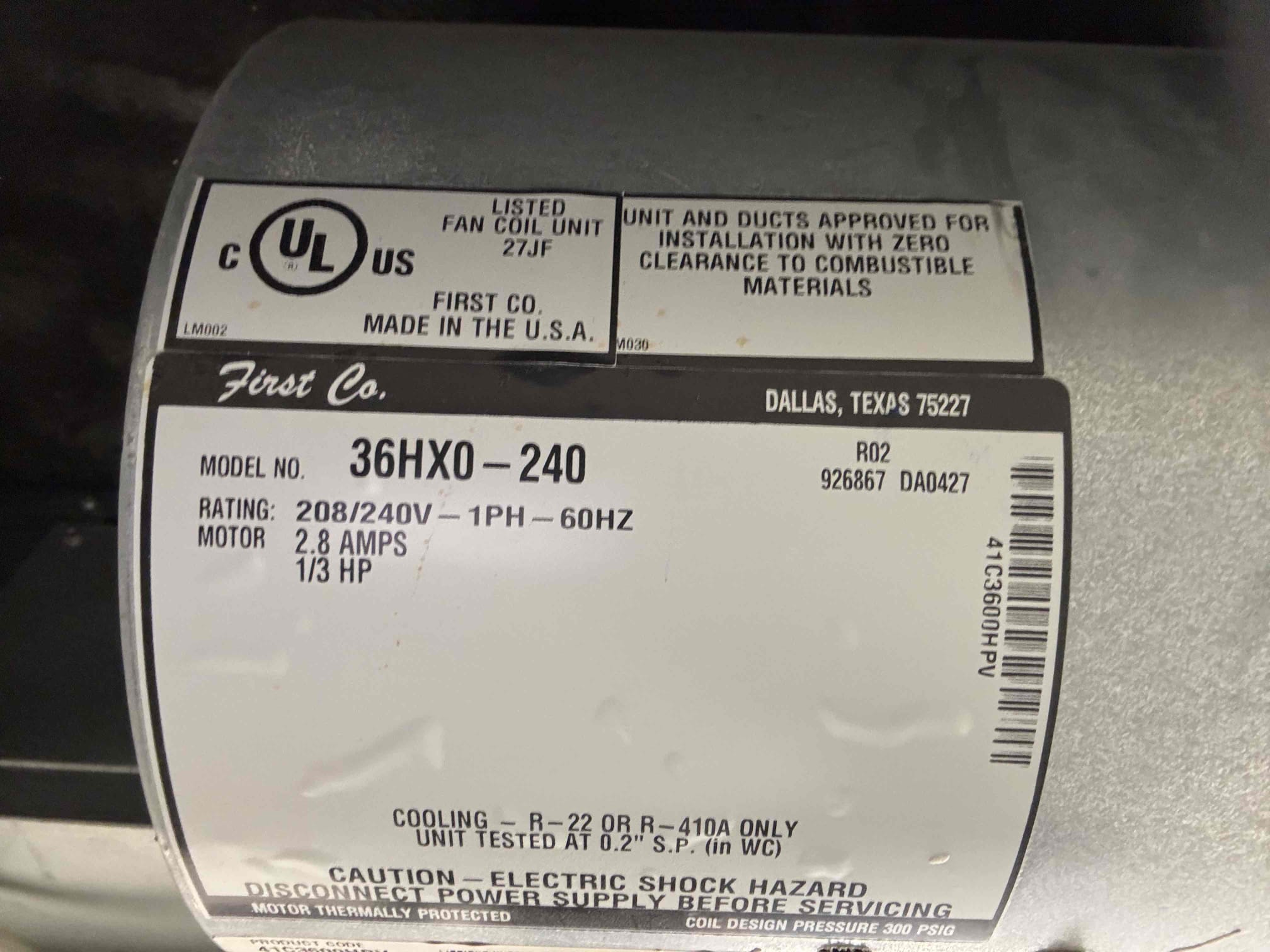I inspected an 18-year-old, 3-ton R-22 heat-pump system. The primary condensate drain, located beneath the bathroom sink, had a significant blockage, causing condensate to back up and overflow from the fan coil’s drain pan. I vacuumed out the standing water and debris as a temporary solution, but this did not fully clear the drain. The pan exhibited considerable rust and corrosion. I recommend a thorough drain-line clearing and the addition of pan tabs to prevent future buildup. The outdoor unit, manufactured in April 2008, is model 13PJA36A01.