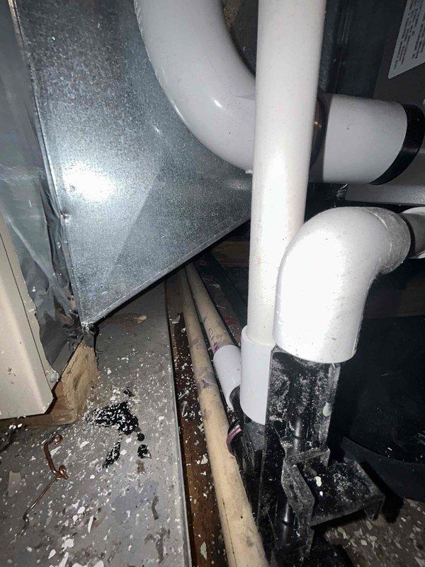 Successfully installed a Lennox 70K BTU 97% efficient Elite Series Two-Stage Gas Furnace (EL297UH070XE36BK) in the attic. Installed auxiliary drain pan beneath the furnace and connected to existing thermostat and flue piping. Project included installation of transition to evaporator coil, standard air filter rack, electrical and gas shut-off switches, and flexible gas line connector.