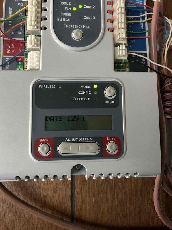 Conducted follow-up service visit to address system performance issues after previous technician visit. Verified zone damper operation was correct, but discovered the system temperature settings were mismatched (downstairs on emergency heat, upstairs on standard heat). Standardized both zones to "heat" mode as required for proper zoned system operation. Measured supply temperature at 99.5°F and confirmed previous findings that the dirty 20x24x1 filter was restricting airflow.