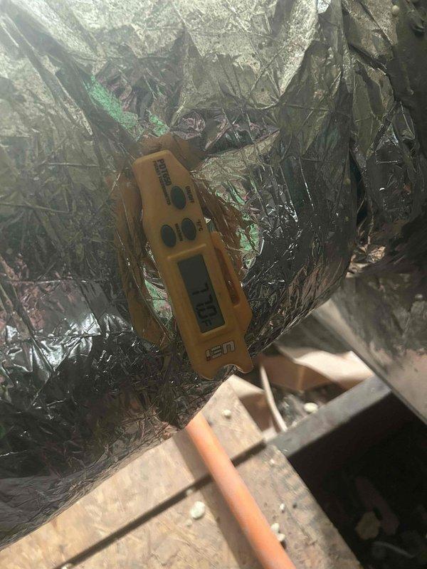 Responded to no heat complaint on 3rd floor commercial system. Diagnostic testing with UEi meter revealed temperature differential issues at supply registers. Discovered insulation problems on ductwork causing significant heat loss. Repaired compromised insulation sections to restore proper thermal efficiency and system operation.