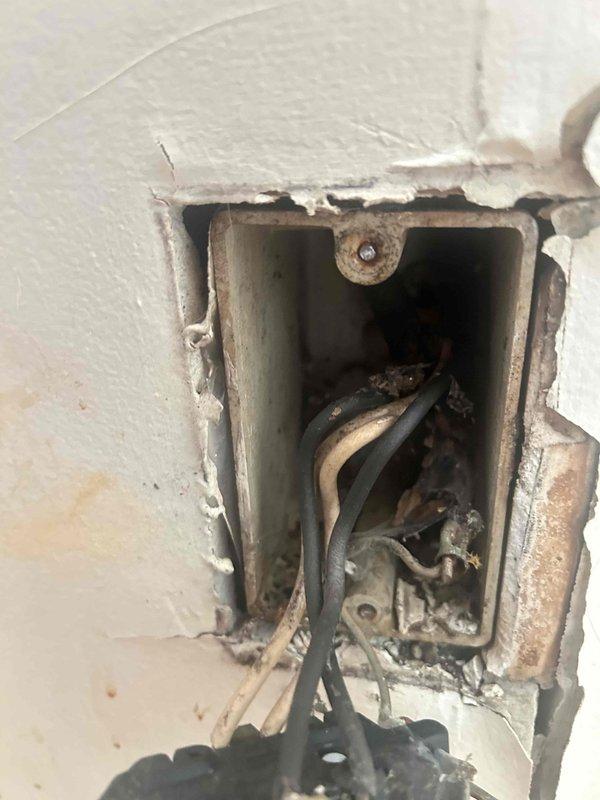 Replaced two faulty duplex receptacles in bedroom after finding significant wall damage and deteriorated wiring around the electrical boxes. Installed and connected customer-supplied ceiling fan, ensuring proper mounting and electrical connections despite challenging wall conditions that included a substantial vertical crack in the drywall.