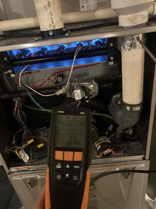 Performed Gold Care Plan tune-up on three AC units and three gas furnaces located in attic and basement. Conducted comprehensive inspection using Testo 310 analyzer to measure system parameters and verify proper operation. Used specialized tools to access control components, checked wiring connections, and examined furnace burner assemblies for optimal performance.