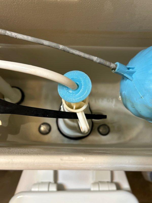 Conducted routine plumbing inspection of toilet tank system. Identified mineral deposits and staining at bottom of tank. Inspected functional components including fill valve with blue cap, float ball mechanism, and flush valve assembly - all showing normal wear but operating properly.