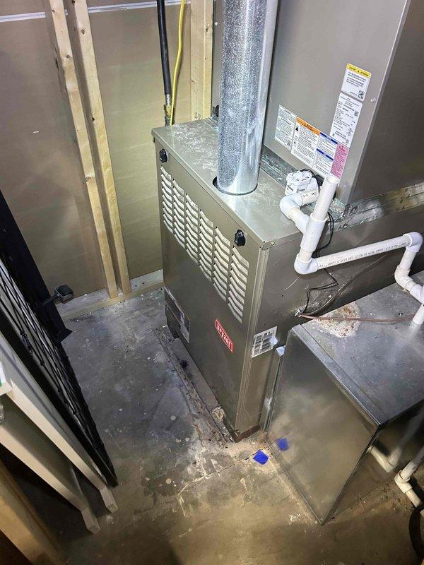Responded to no heat call for 1-year-old Bryant gas furnace with thermostat calling for heat but no system response. Diagnosed faulty control board causing system failure to initiate heating cycle. Replaced control board, verified proper ignition sequence, and confirmed system now maintaining proper temperature differential between actual and set points.
