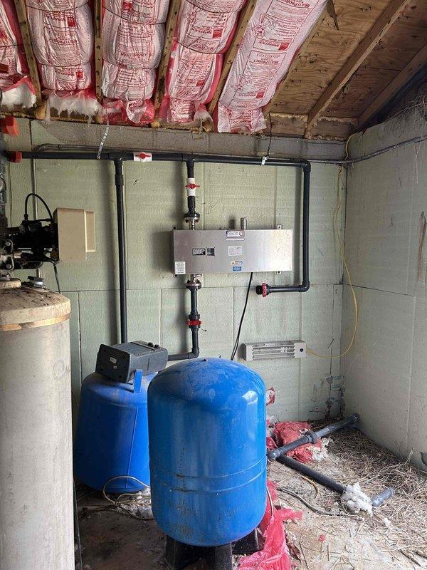 Conducted site evaluation of Wayne Well pump system supplying water to barns. Identified system requiring significant repairs including control panel issues, corroded components, and necessary underground piping work. Documented A.Y. McDonald pump (Model 24300R, 35 GPM) showing considerable rust and weathering damage, along with deteriorated plumbing connections and pressure tank concerns. Prepared comprehensive estimate for repair/replacement options.