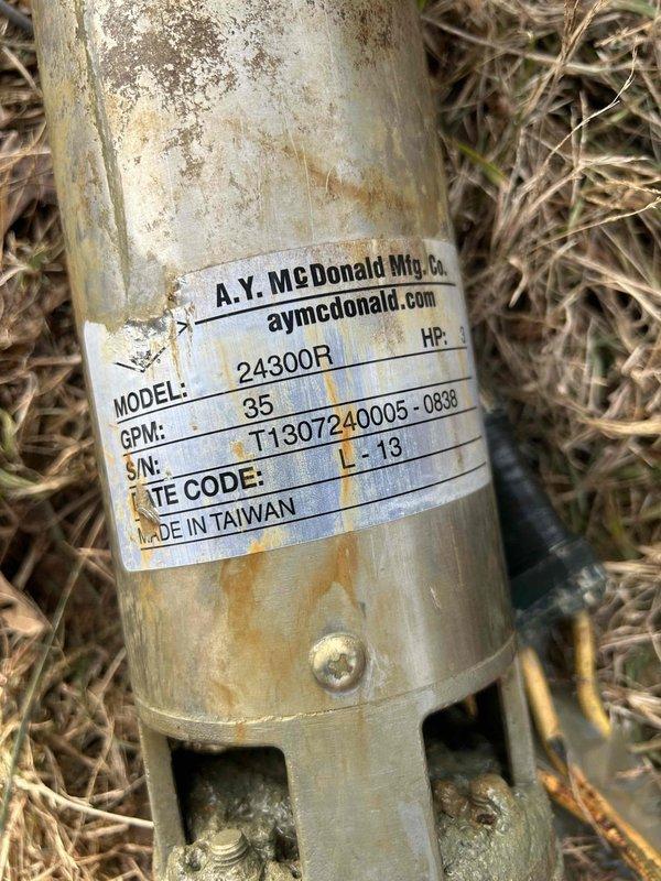 Conducted site evaluation of Wayne Well pump system supplying water to barns. Identified system requiring significant repairs including control panel issues, corroded components, and necessary underground piping work. Documented A.Y. McDonald pump (Model 24300R, 35 GPM) showing considerable rust and weathering damage, along with deteriorated plumbing connections and pressure tank concerns. Prepared comprehensive estimate for repair/replacement options.