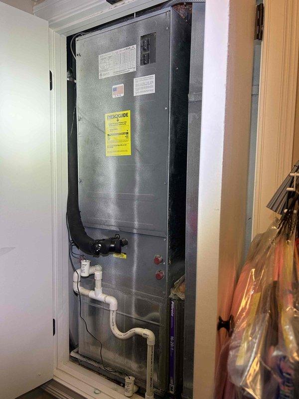Responded to water leak service call for indoor HVAC unit located in upstairs closet. Upon inspection, discovered corrosion along the metal seam of the air handler, indicating ongoing water leakage that had been occurring for several days. Measurements were taken to assess affected areas and necessary repairs.