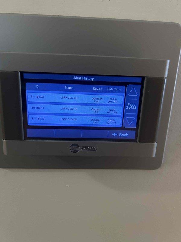 Responded to customer's non-urgent service call regarding error codes 184.7 and 184.8 on the Trane thermostat. Upon examination of the digital control panel, inspected the alert history which confirmed multiple error codes including Err-184.07 (MAX NORM LO), Err-184.08 (HARD LOCKOUT), and additional cooling system alerts for the outdoor unit. Diagnosed issues with the cooling system operation and performed necessary adjustments to resolve the hard lockout condition.