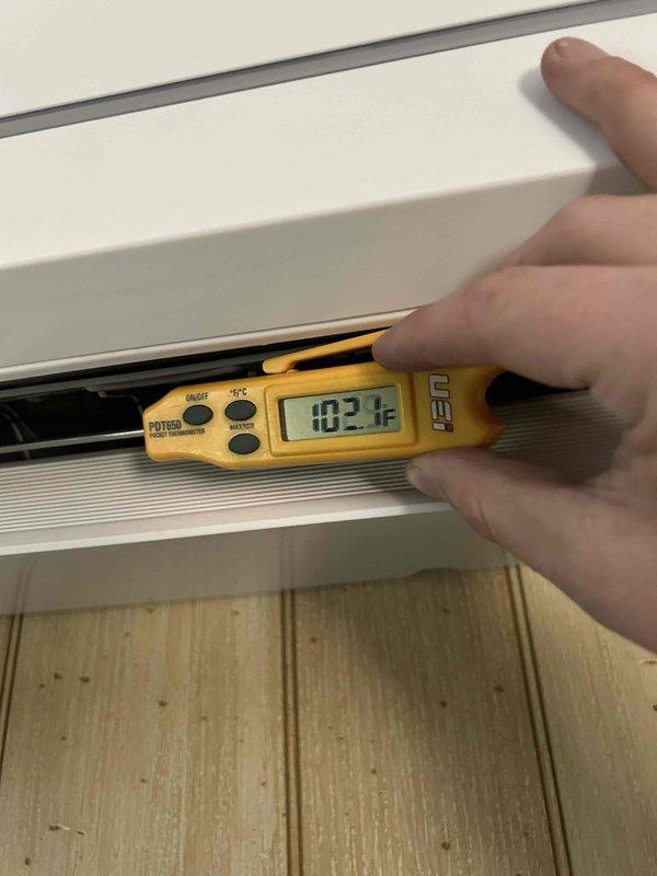Performed routine care plan tune-up on mini-split system located in crawlspace. Inspected and verified proper operation of condensate pump, observing some dirt accumulation requiring cleaning. Temperature readings taken at supply register measured 103.1°F, confirming proper cooling performance. Customer will provide replacement filters as agreed.