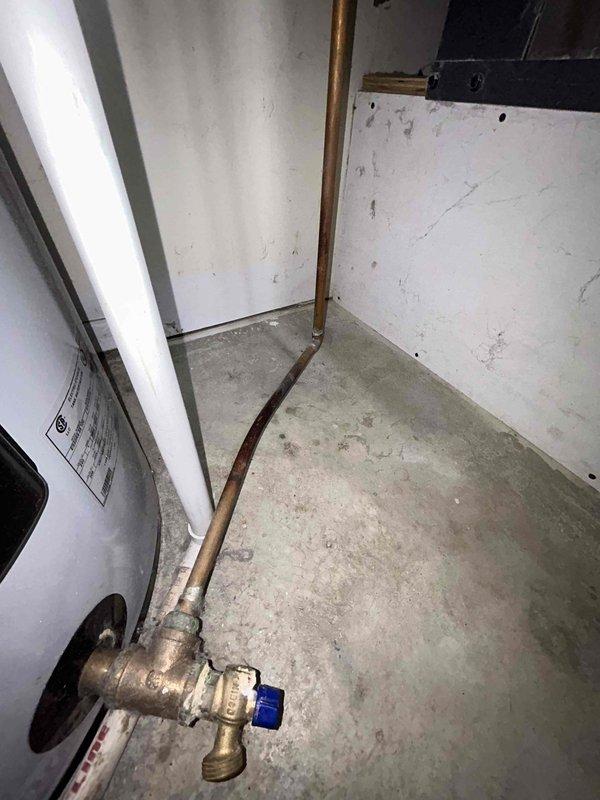 Performed comprehensive maintenance on a 15-year-old Whirlpool water heater (Model ES50R9-55 100, S/N 1619102970189) experiencing musty/moldy water odors despite previous draining. Observed significant calcium buildup and corrosion on the brass drain valve (038IN), which connects to the geothermal system. Replaced deteriorated drain valve, installed new anode rod, and conducted thorough system flush to address water quality issues. Verified proper operation after service completion.