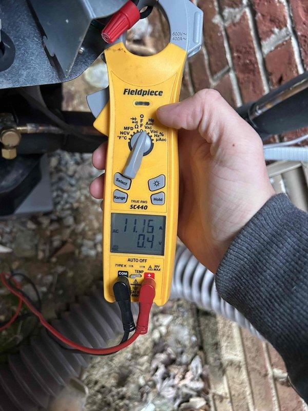 Performed scheduled care plan tune up on the heat pump/air handler system located in attic. Conducted electrical diagnostics with measurements showing system operating parameters within normal range (readings of 11.19A/0.4V and 1.28A/1.7V). Note: 20" x 20" x 1" filter not included with service.