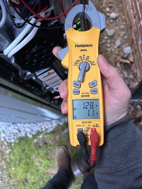 Performed scheduled care plan tune up on the heat pump/air handler system located in attic. Conducted electrical diagnostics with measurements showing system operating parameters within normal range (readings of 11.19A/0.4V and 1.28A/1.7V). Note: 20" x 20" x 1" filter not included with service.