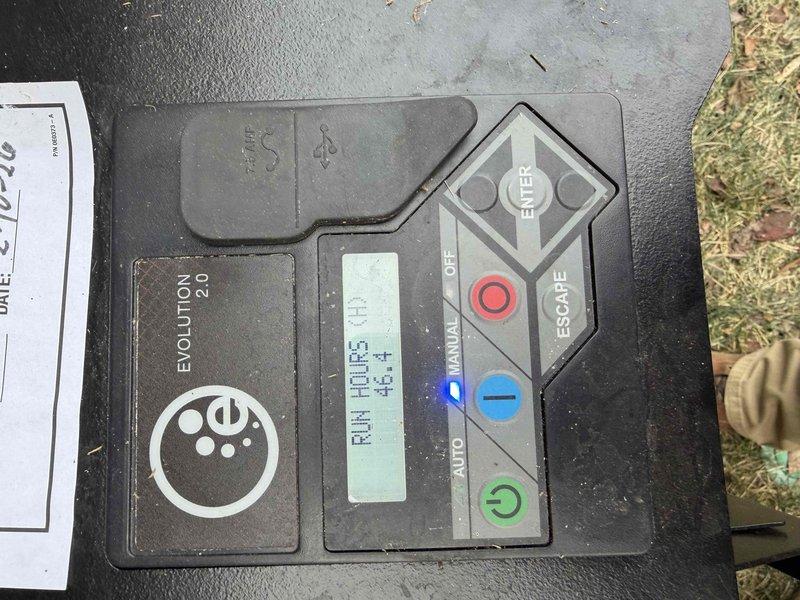 Diagnosed Next Gen Generator 1100 with intermittent starting issue (crank no start, code triggered). Inspection of Evolution control panel showed 46.4 run hours. Examined transfer switch and electrical connections in main panel, finding no visible damage. Determined issue was related to temperature-dependent starting problem, more prevalent during cold operation.