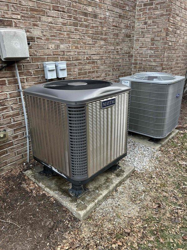 Responded to customer-reported gurgling noise from indoor unit that began after previous service call. Inspected system, including Maytag outdoor condenser unit and associated electrical components. Visual examination of the exterior equipment showed proper installation with no visible damage. Both outdoor units (Maytag and Pure) were mounted securely on concrete pads with appropriate electrical connections. Verified proper operation and addressed the refrigerant line issue causing the gurgling sound.