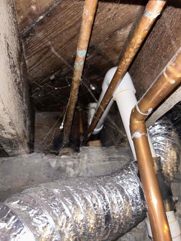 Performed routine plumbing inspection as requested in PSA. Examined copper supply lines which showed normal oxidation and mineral deposits in the crawl space/utility area. Inspected brass shut-off valve with blue handle and associated braided stainless steel supply lines, confirming proper installation and function. No immediate issues requiring repair were identified.