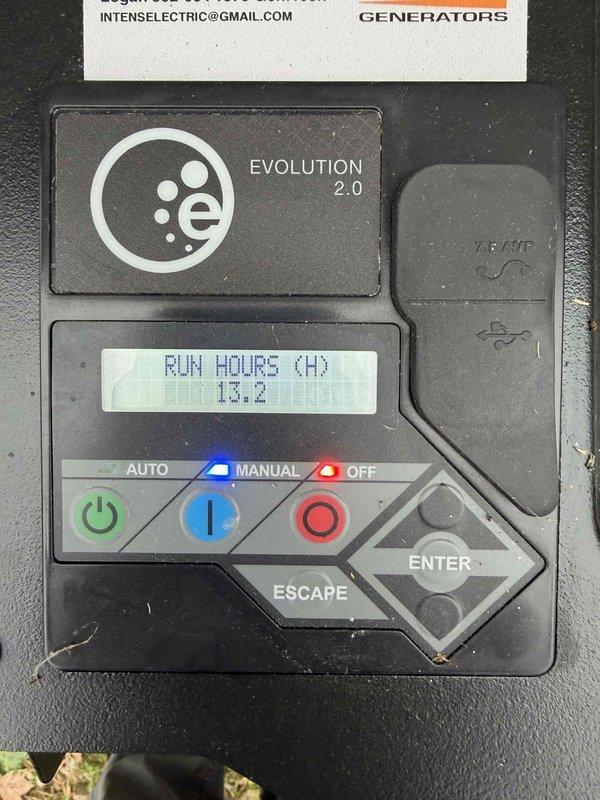 Performed routine maintenance service on customer's Generac residential backup generator. Inspected control panel, verified operation of control modes, and noted 13.2 run hours on the Evolution 2.0 display. Generator is mounted on a proper concrete pad with all connections secure and operational.