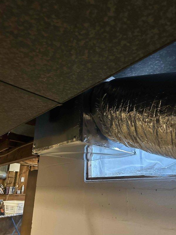 Completed 4 hours of duct repair work in the basement, which included installation of flexible insulated ducts and connection to register/vent boxes. Proper sealing was applied at connection points with metallic tape. Awaiting material list from Wayne to complete remaining aspects of the repair.