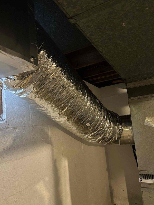 Completed 4 hours of duct repair work in the basement, which included installation of flexible insulated ducts and connection to register/vent boxes. Proper sealing was applied at connection points with metallic tape. Awaiting material list from Wayne to complete remaining aspects of the repair.