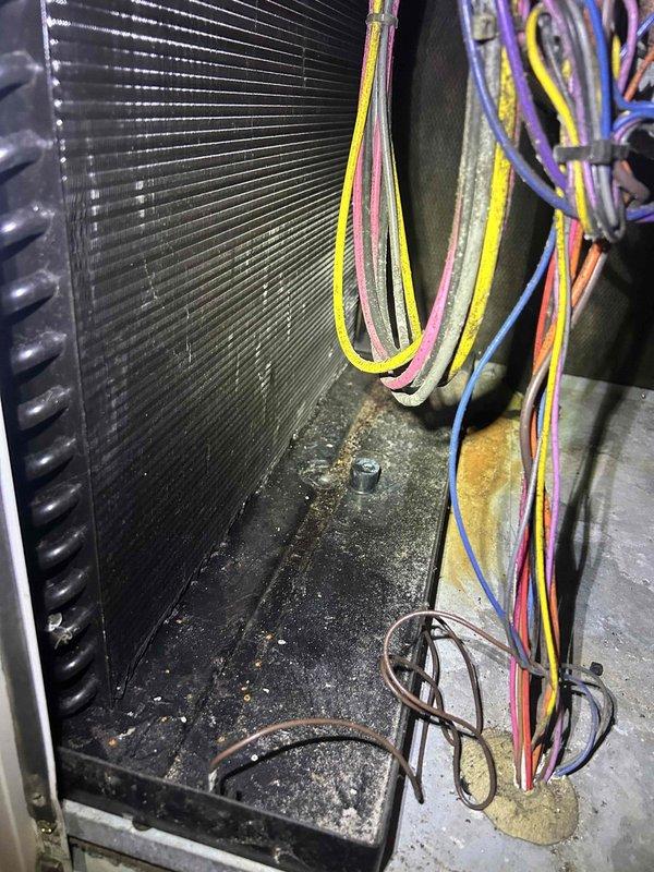 Performed scheduled Care Plan Tune-Up service on dual geothermal system and humidifier. Inspected and documented dirty air filter requiring replacement and dirty evaporator coil showing accumulated debris. Replaced humidifier pad (#35) and verified proper wiring connections to control components.