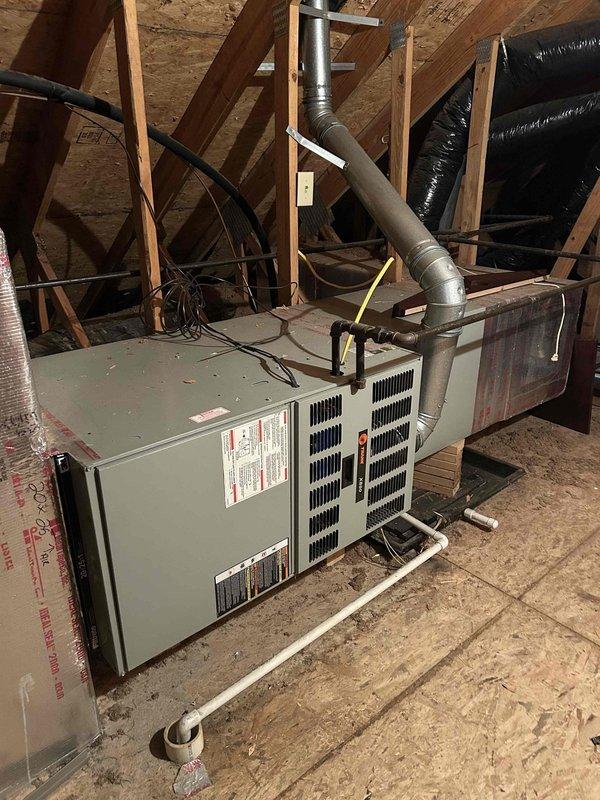 Responded to no-heat call for 20-year-old gas furnace system located in walk-in attic. Upon inspection, found heat exchanger had developed multiple cracks, compromising system safety and efficiency. Replaced heat exchanger and verified proper combustion and temperature rise across system. Unit now operating safely with normal heat output.