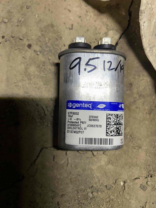Responded to callback for system that stopped cooling after initially working post-service. Diagnosed faulty run capacitor (observed 9.5 MFD capacitor with "genteq" branding) and replaced with new unit. Static pressure tested system using UEI EM201B digital manometer, which showed +3.504 In.Wg, confirming proper system operation after repair. System is now cooling effectively.