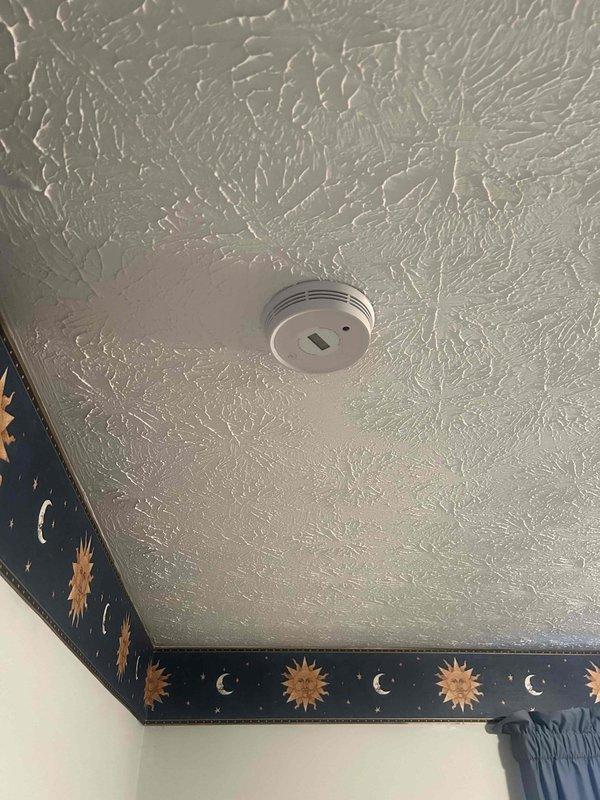 Successfully installed seven battery-operated interconnected smoke/carbon monoxide detectors throughout the residence. Units were properly mounted on textured ceilings and tested to verify interconnection functionality. All detectors were confirmed operational with indicator lights functioning correctly.