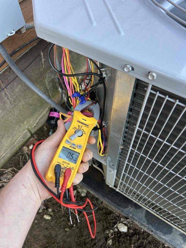 Performed care plan tune-up on heat pump/air handler located in crawlspace. Conducted electrical testing on outdoor unit with readings at 0.53, and verified supply temperature at 24.2°. Confirmed filter size and inspected insulation condition on ductwork, noting some deterioration that may need future attention.