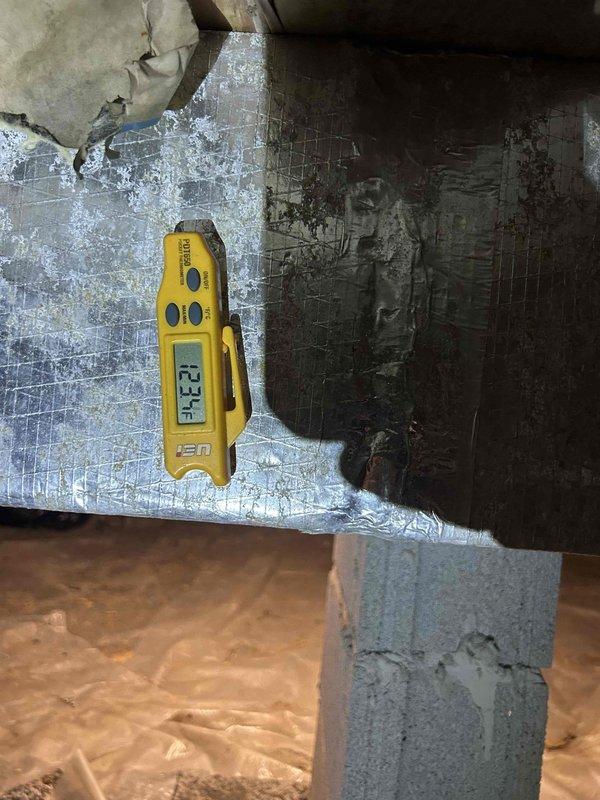 Performed care plan tune-up on heat pump/air handler located in crawlspace. Conducted electrical testing on outdoor unit with readings at 0.53, and verified supply temperature at 24.2°. Confirmed filter size and inspected insulation condition on ductwork, noting some deterioration that may need future attention.