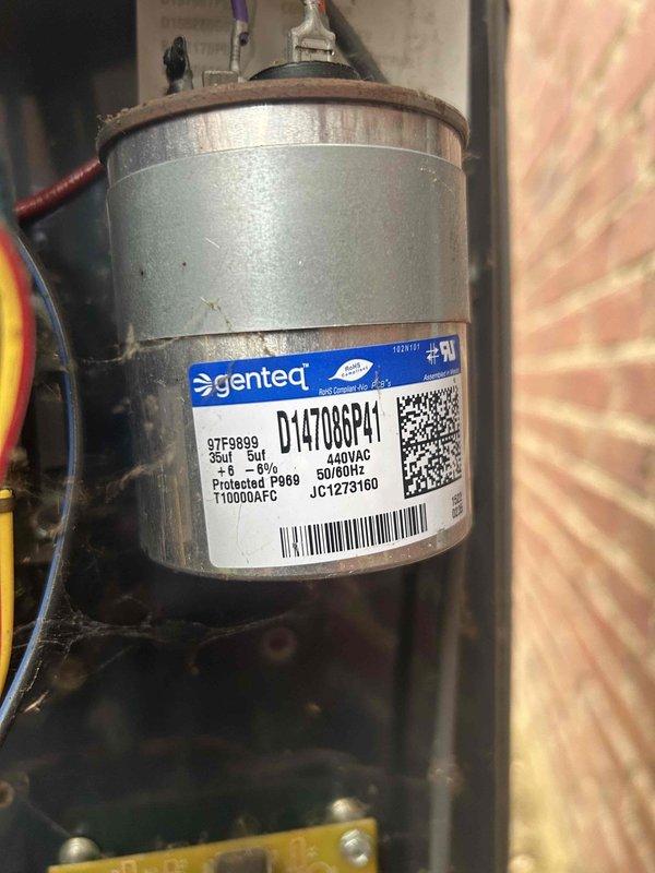 Performed tune-up service on two separate HVAC systems (one unit located in crawlspace, one in attic). Inspected capacitor on one system (Genteq 5MFD 208/230VAC) which appeared functional despite minor dust accumulation. Examined air filtration system which showed moderate dust buildup; recommended replacement of filters to maintain optimal system performance.
