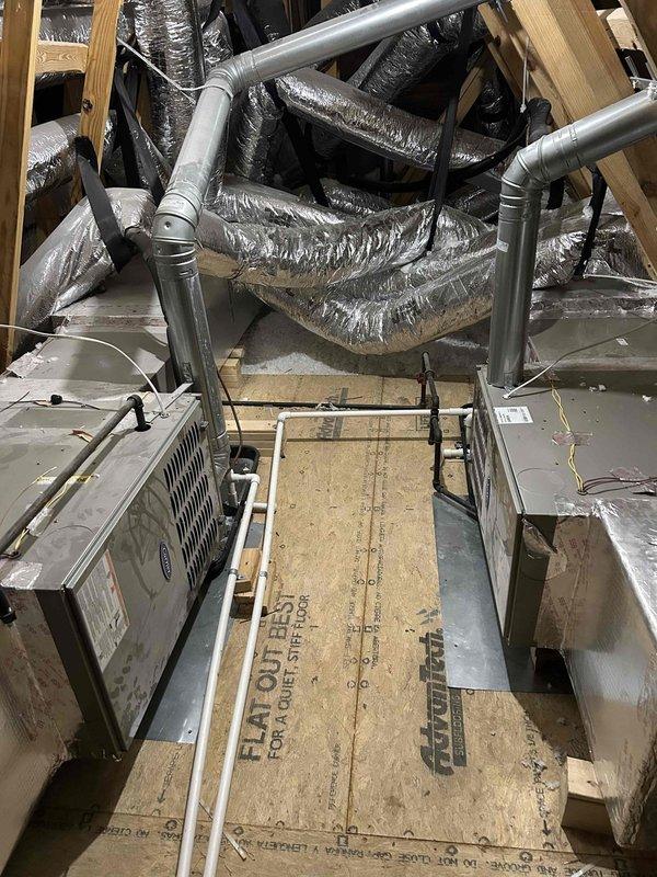 Performed scheduled care plan tune-up maintenance on two HVAC systems (GF/AC) using client-supplied filter. Accessed equipment in attic via 10ft ladder. Inspected burner assembly confirming proper flame pattern and combustion. Verified all duct connections and insulation were intact and properly secured throughout the attic space.