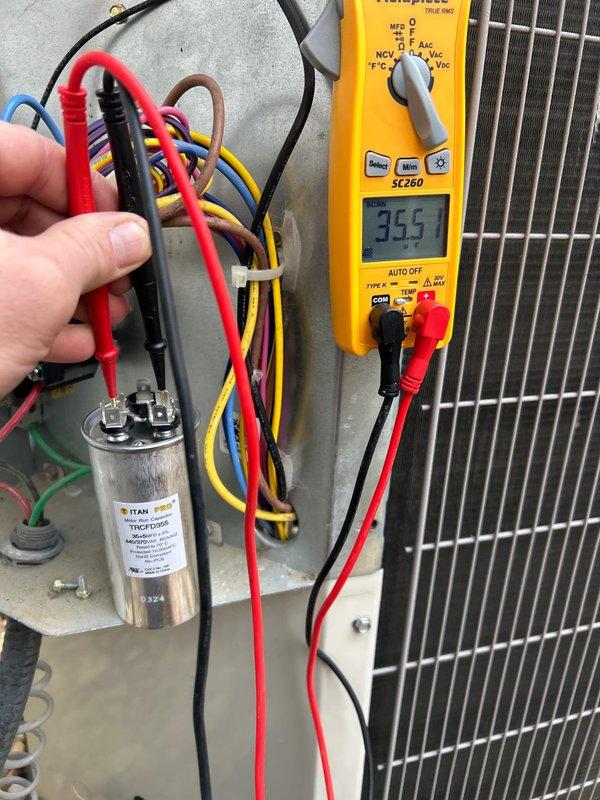 Performed dual system Care Plan Tune Up on heat pump and air handler units located in basement and attic. Conducted electrical testing on both systems using Fieldpiece multimeter, confirming proper capacitor functionality and voltage readings within normal parameters (35.5V and 355.1V). Customer-supplied filters were utilized during maintenance.